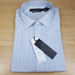 BLOOMINGDALES Shirt Mens Large Blue Tan Grid Check Button Up Slim Fit Stretch